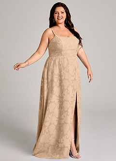 Azazie Moira Bridesmaid Dresses Champagne A-Line Side Slit Floral Burnout Dress image9