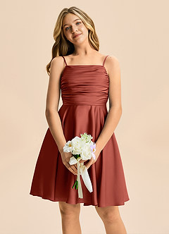 Azazie Miko Junior Robe Trapèze en Satin extensible Plissée Terracotta image6