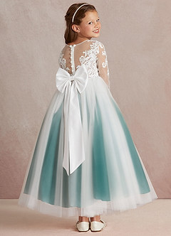 Azazie Elodie Blumenmädchenkleider Ballkleid Spitze Kleid Elfenbein Pfau image4