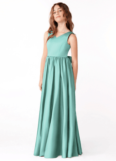 Azazie Hathaway Junior Aqua A-Line Bow Stretch Satin Dress image4