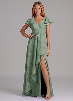 Azazie Omari Jurken voor bruidsmeisjes Jurk van Bloemen Burn-out met A-Lijn Geplooid Matcha image1