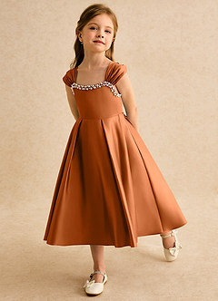 Azazie Yosemite Jurken voor bloemenmeisjes Baljurk Jurk van Mat Satijn Sweetheart Halslijn Koper image6