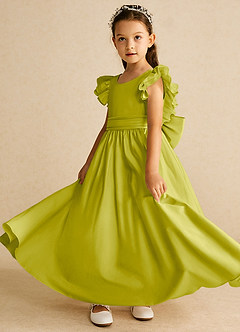Azazie Piglette vestidos de niña de las flores Vestido de Hierba De Limón de Satin Mate de Corte en A con Lazo image2