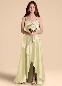 Azazie Prisha Junior Vestido de Sorbete De Limón de Satén Elástico de Corte en A con Plisado image6