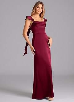 Azazie Adi Robes de demoiselle d'honneur Robe Trapèze en Satin extensible Plissée Bourgogne image3