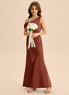 Azazie Madelyn Junior Osłona Zza ramienia Satyna elastyczna Długość podłogi Młodsza druhna Sukienka image5