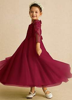 Azazie Precious Flower Girl Dresses Burgundy A-Line Lace Tulle Dress image5