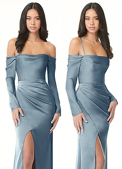 Azazie Hallie Bridesmaid Dresses Dusty Blue Sheath Off-The-Shoulder Long Sleeve Stretch Satin Convertible Dress image9