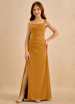 Azazie Cannoli Girls Formal Robe Demoiselle D'honneur Fillette Robe Trapèze en Mousseline de soie Plissée Caramel écossais image5