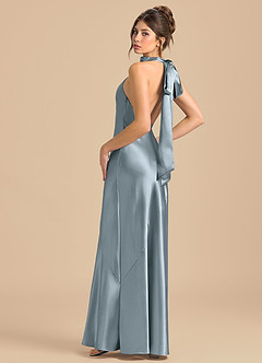 Azazie Velli Bridesmaid Dresses Dusty Blue Sheath High Neck Metallic Satin Dress image1