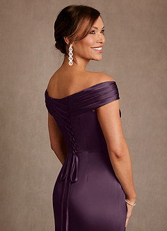 Azazie Bedford Mother of the Bride Dresses Plum Sheath Pleated Stretch Satin Dress image6