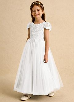 Azazie Puff Flower Girl Dresses Ivory Ball-Gown Lace Tulle Dress image2