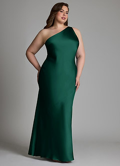Azazie Juniper Jurken voor bruidsmeisjes Jurk van Stretch Satijn met Zeemeermin One-shoulder Smaragd image4