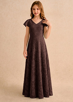 Azazie Narin Girls Formal Blumenmädchenkleider A-Linie mit ärmel Blumen-Burnout Kleid Ganache image3