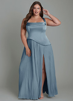 Azazie Stephanie Rochii de domnișoară de onoare A-Line Plisată Satin elastic Lungime până la podea Rochie image7