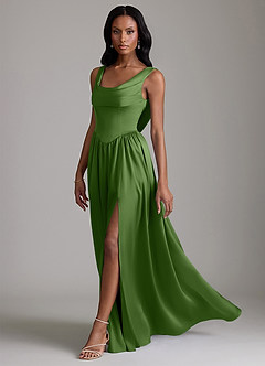 Azazie Novi Robes de demoiselle d'honneur Robe Trapèze en Satin extensible Avec poches Basilic image6