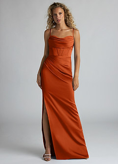 Azazie Mai Bridesmaid Dresses Burnt Orange Sheath Pleated Stretch Satin Dress image1