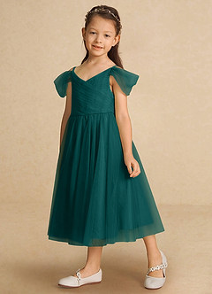 Azazie Lizzette vestidos de niña de las flores Vestido de Pavo Real de Tul de Corte En A con Volante image5