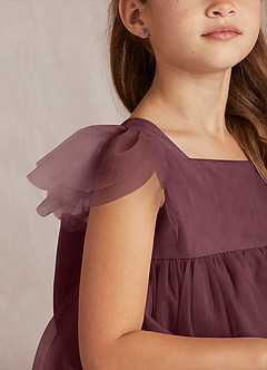 Azazie Kalio Flower Girl Dresses Sangria A-Line with Sleeves Tulle Dress image3