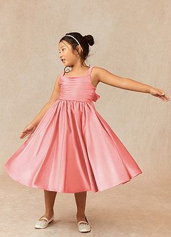 Azazie Cutie Pie Flower Girl Dresses Coral A-Line Pleated Matte Satin Dress image3