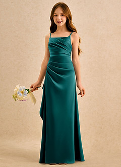 Azazie Cannoli Girls Formal Abiti da Ragazza di Fiori Abito A-Line in Raso Elasticizzato Plissettato Verde Pavone image4
