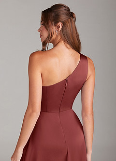 Azazie Brooke Robes de demoiselle d'honneur Robe Trapèze en Satin extensible Asymétrique Terracotta image3