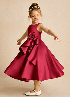 Azazie Hermia Blumenmädchenkleider A-Linie ärmellos Matte Satin Kleid Scharlachrot image3