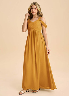 Azazie Lianne Junior Butterscotch A-Line Off the Shoulder Chiffon Dress image6