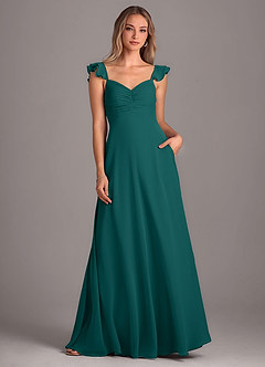 Azazie Kaylyn Abiti da Damigella Abito A-Line in Chiffon Increspato Verde Pavone image4