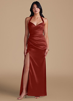 Azazie Emeria Bridesmaid Dresses Terracotta Sheath Side Slit Metallic Satin Dress image5