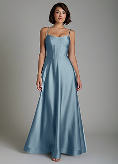 Azazie Nona Bridesmaid Dresses Dusty Blue A-Line Pleated Stretch Satin Dress image1