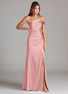 Azazie Wynter Vestidos de damas de honor Vestido de Rosa Empolvado de Satén Elástico de Corte Recto con Hombro unilateral image4