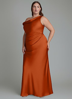 Azazie Emerson Bridesmaid Dresses Burnt Orange Mermaid Off the Shoulder Stretch Satin Dress image11