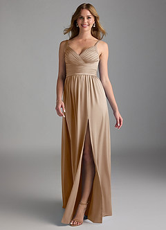 Azazie Chanel Final Sale Taupe A-Line Pleated Stretch Satin Dress image1
