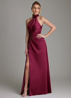 Azazie Gracelynn Robes de demoiselle d'honneur Robe Fourreau en Satin extensible Plissé Bourgogne image6