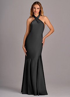 Azazie Lorena Vestidos de damas de honor Vestido de Negro de Satén Elástico de Corte Sirena con Plisado image4