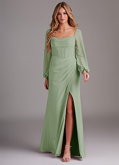Azazie Charissa At-home Try On Dresses Dusty Sage Sheath Long Sleeve Chiffon Dress image3