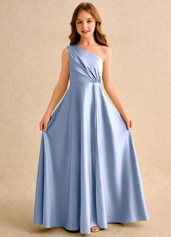 Azazie Puddles Girls Formal 플라워 걸 드레스 A라인 한쪽 어깨 매트 새틴 플로어 길이 드레스 image5