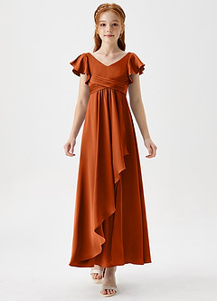Azazie Omari Junior Burnt Orange A-Line Pleated Stretch Satin Dress image5