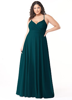 Azazie Avelina Robes de demoiselle d'honneur Robe Trapèze en Mousseline de soie Col V plissé Vert Pin image6