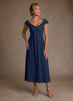 Azazie Mirta 신부의 어머니 드레스 A라인 주름진 플로럴 번아웃 티 길이 드레스 image1