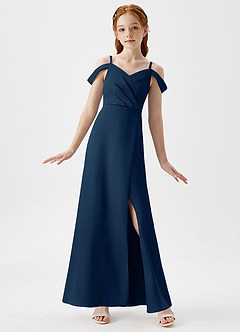 Azazie Ocean Junior Dark Navy A-Line Off the Shoulder Stretch Satin Dress image1
