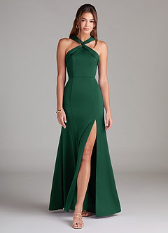 Azazie Rue Bridesmaid Dresses Dark Green A-Line Pleated Stretch Satin Dress image3