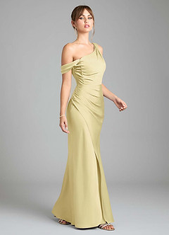 Azazie Madelyn Bridesmaid Dresses Lemon Sorbet Mermaid One Shoulder Stretch Satin Convertible Dress image5