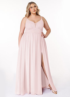 Azazie Rayna Robes de demoiselle d'honneur Robe Trapèze en Mousseline de soie Col V plissé Rose Pâle image7
