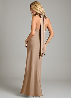 Azazie Velli Bridesmaid Dresses Taupe Mermaid High Neck Stretch Satin Dress image5