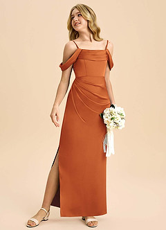 Azazie Saige Junior Robe Fourreau en Satin extensible Épaule décolletée Cannelle image5