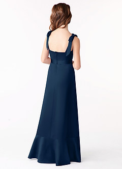 Azazie Barbara Junior Dark Navy A-Line Bow Stretch Satin Dress image3