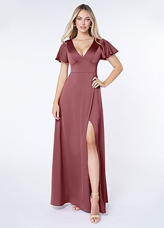 Azazie Lani Bridesmaid Dresses Desert Rose A-Line Flounce Sleeve Stretch Satin Dress image1