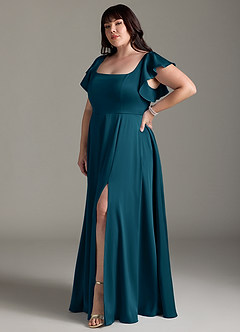 Azazie Bondi Bridesmaid Dresses Ink Blue A-Line Bow Stretch Satin Dress image14